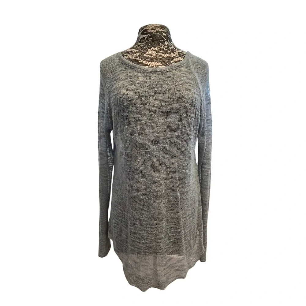 Women's Gray Crochet Knit Sweater Size L XL Grunge Boho Distressed Artsy Natural
